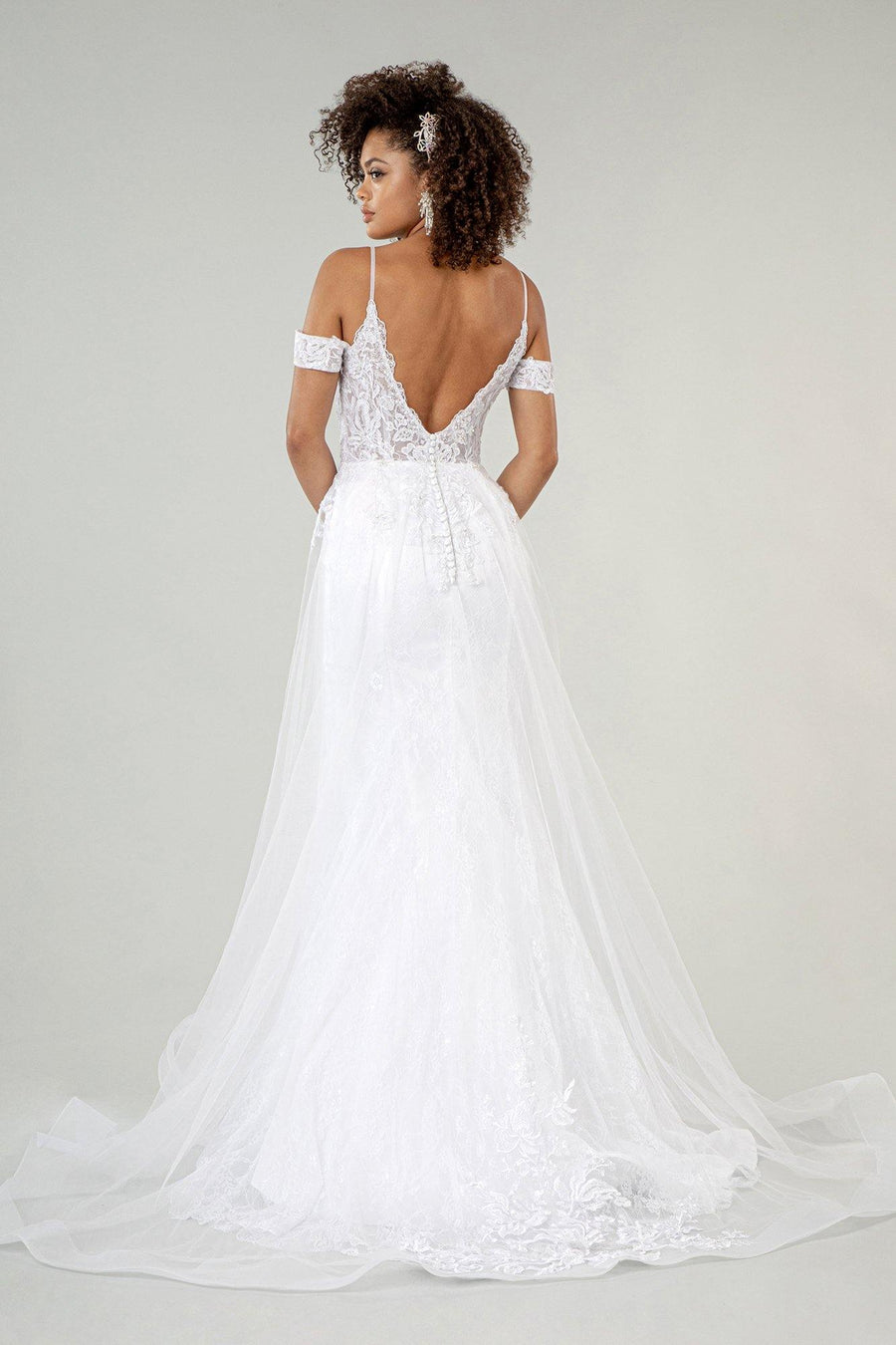 Long Embroidered Off Shoulder Lace Wedding Gown - The Dress Outlet