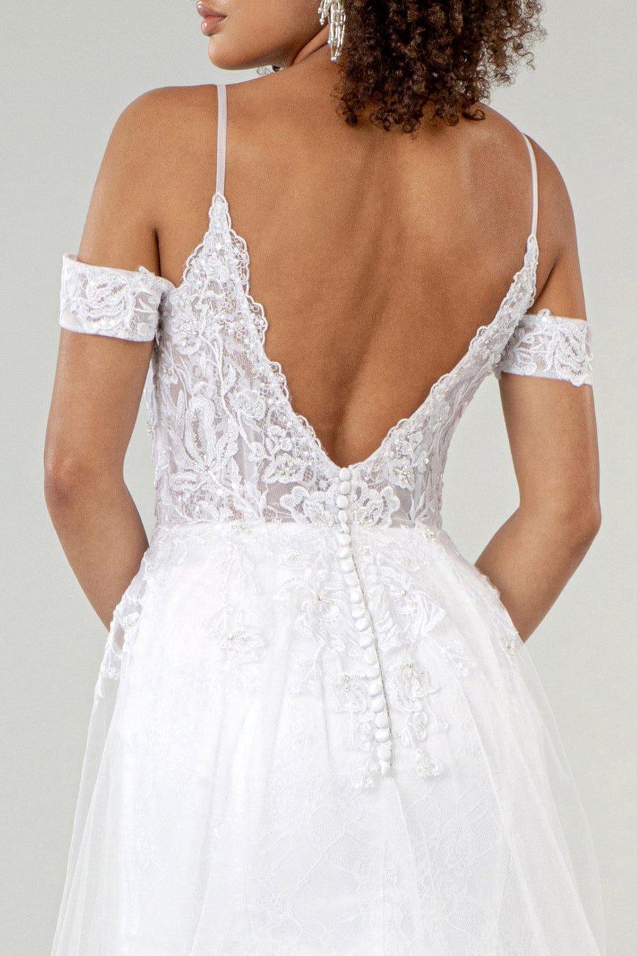 Long Embroidered Off Shoulder Lace Wedding Gown - The Dress Outlet