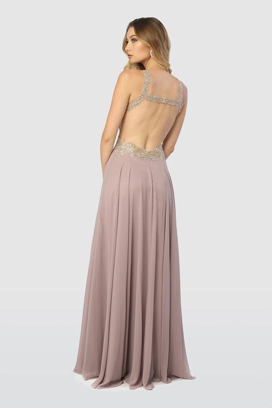 Long Evening Gown Open Back Prom Dress Tan Gold - The Dress Outlet