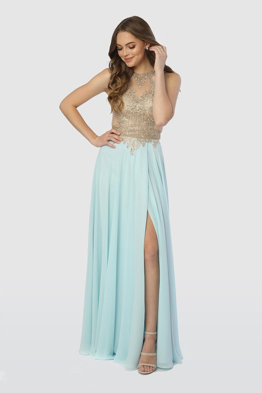 Long Evening Gown Open Back Prom Dress Tan Gold - The Dress Outlet