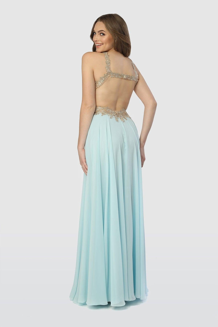 Long Evening Gown Open Back Prom Dress Tan Gold - The Dress Outlet