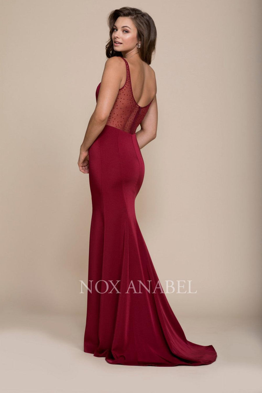 Long Fitted Formal Dress With Beaded Illusion Back - The Dress Outlet Nox Anabel