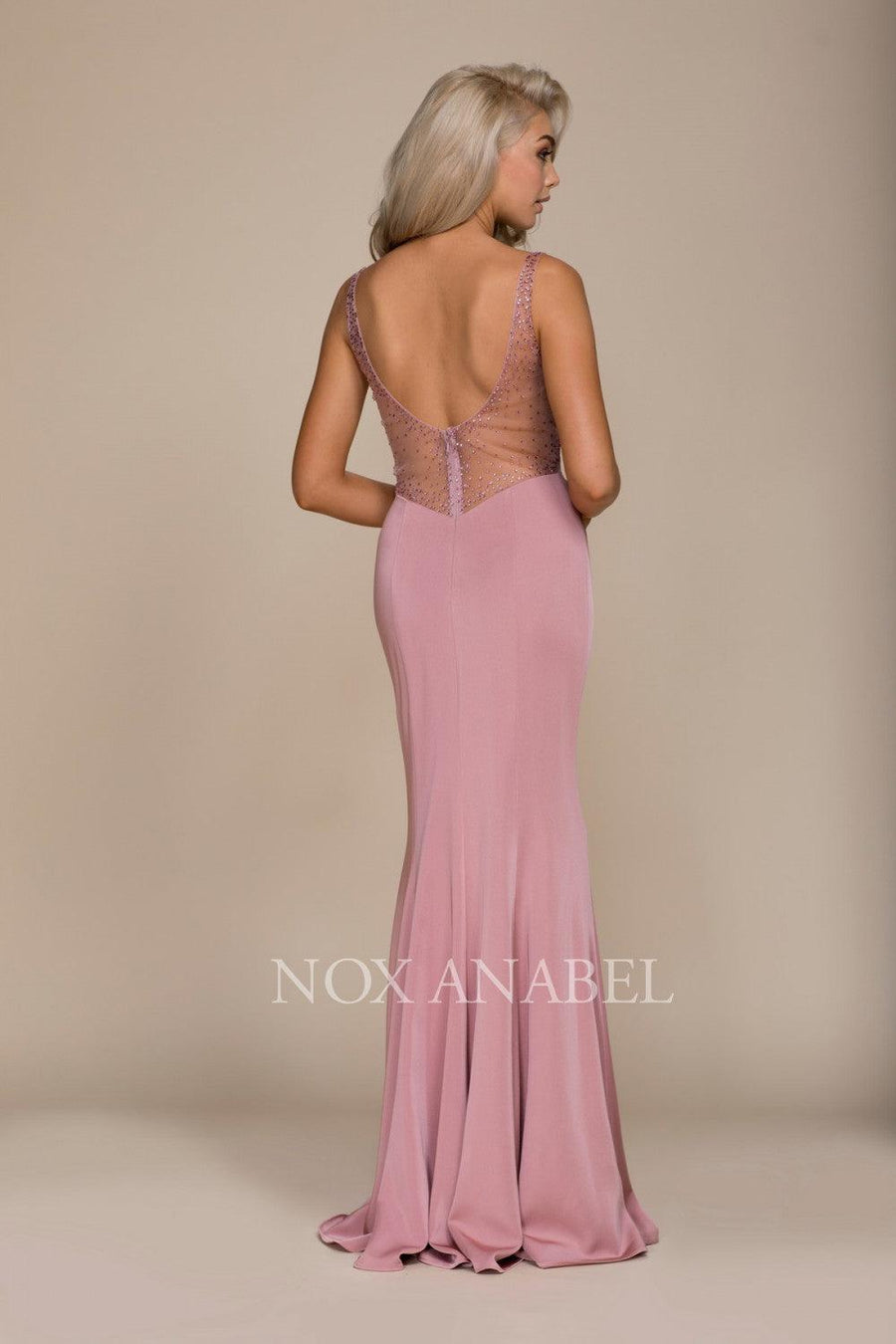 Long Fitted Formal Dress With Beaded Illusion Back - The Dress Outlet Nox Anabel