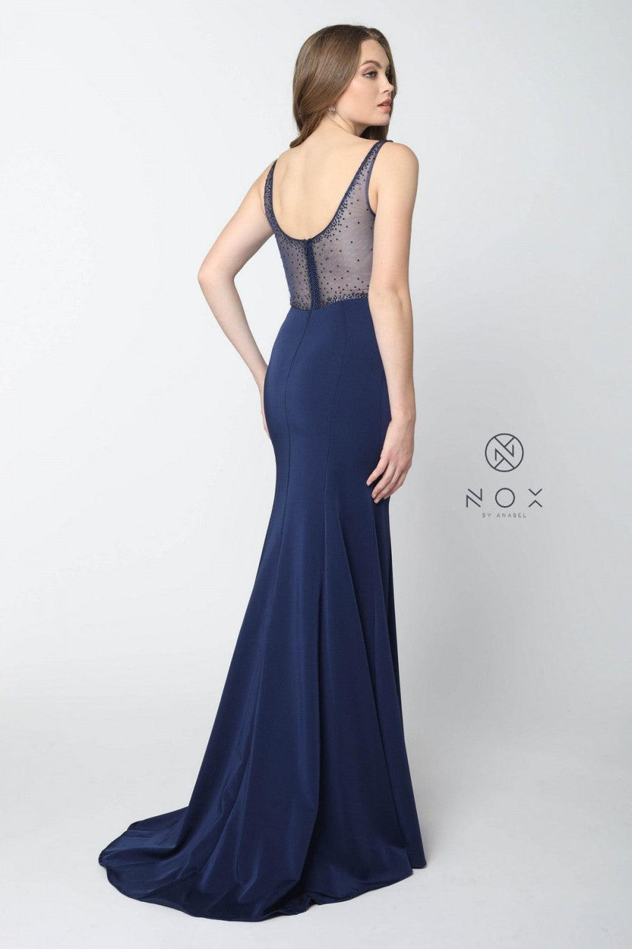 Long Fitted Formal Dress With Beaded Illusion Back - The Dress Outlet Nox Anabel