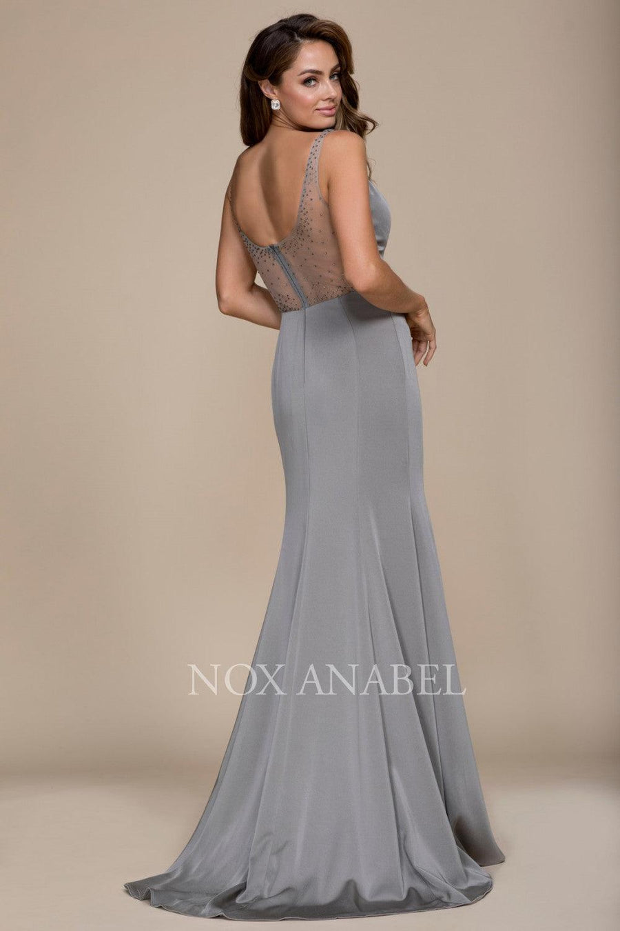 Long Fitted Formal Dress With Beaded Illusion Back - The Dress Outlet Nox Anabel