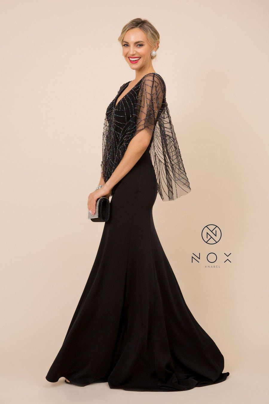 Long Fitted V-Neck Formal Dress with Beaded Cape Prom - The Dress Outlet Nox Anabel