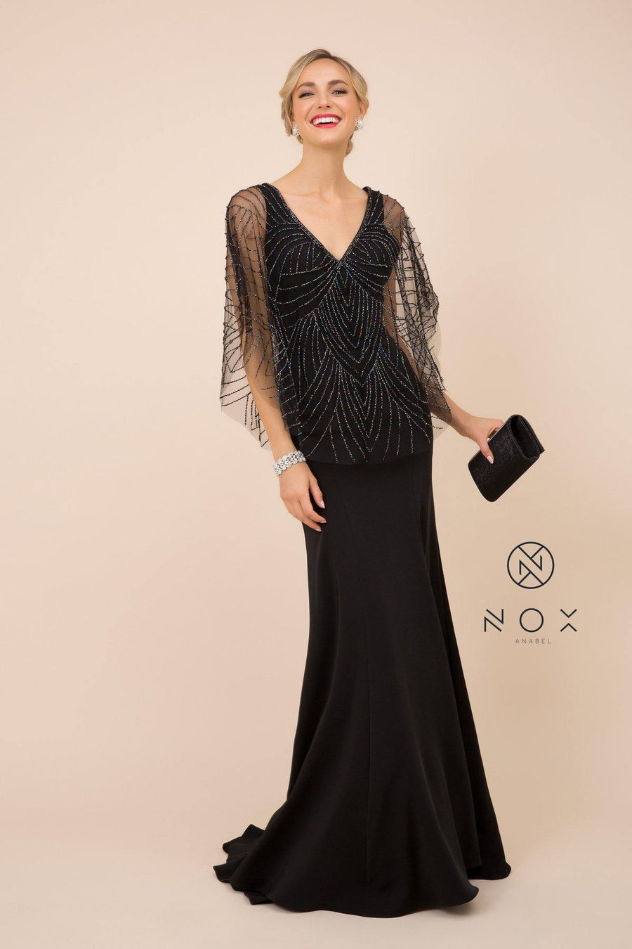 Long Fitted V-Neck Formal Dress with Beaded Cape Prom - The Dress Outlet Nox Anabel