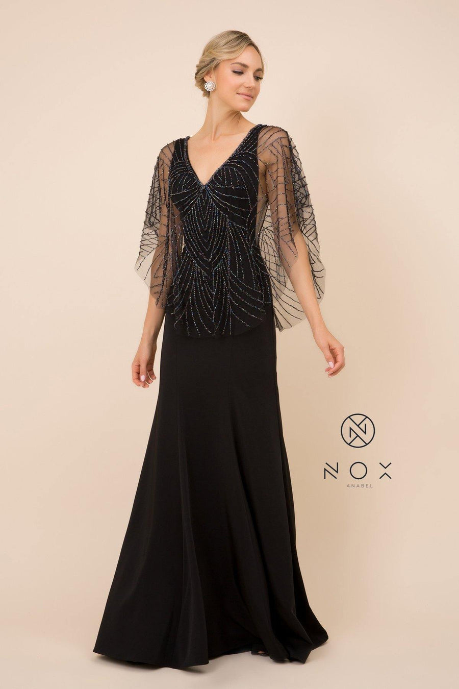 Long Fitted V-Neck Formal Dress with Beaded Cape Prom - The Dress Outlet Nox Anabel