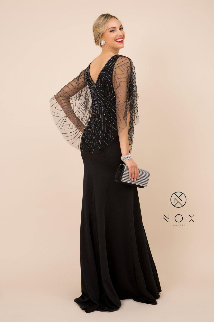 Long Fitted V-Neck Formal Dress with Beaded Cape Prom - The Dress Outlet Nox Anabel