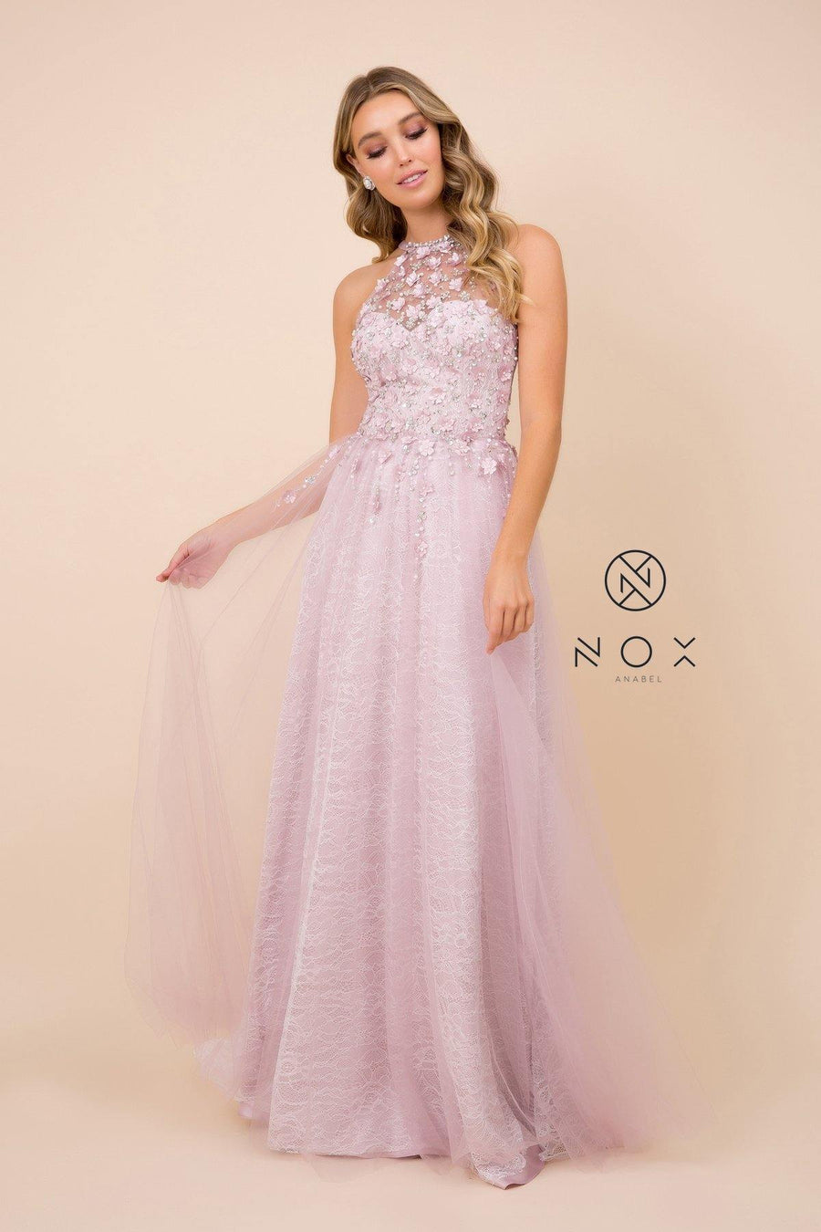 Long Floral Applique Prom Dress Evening Gown - The Dress Outlet Nox Anabel