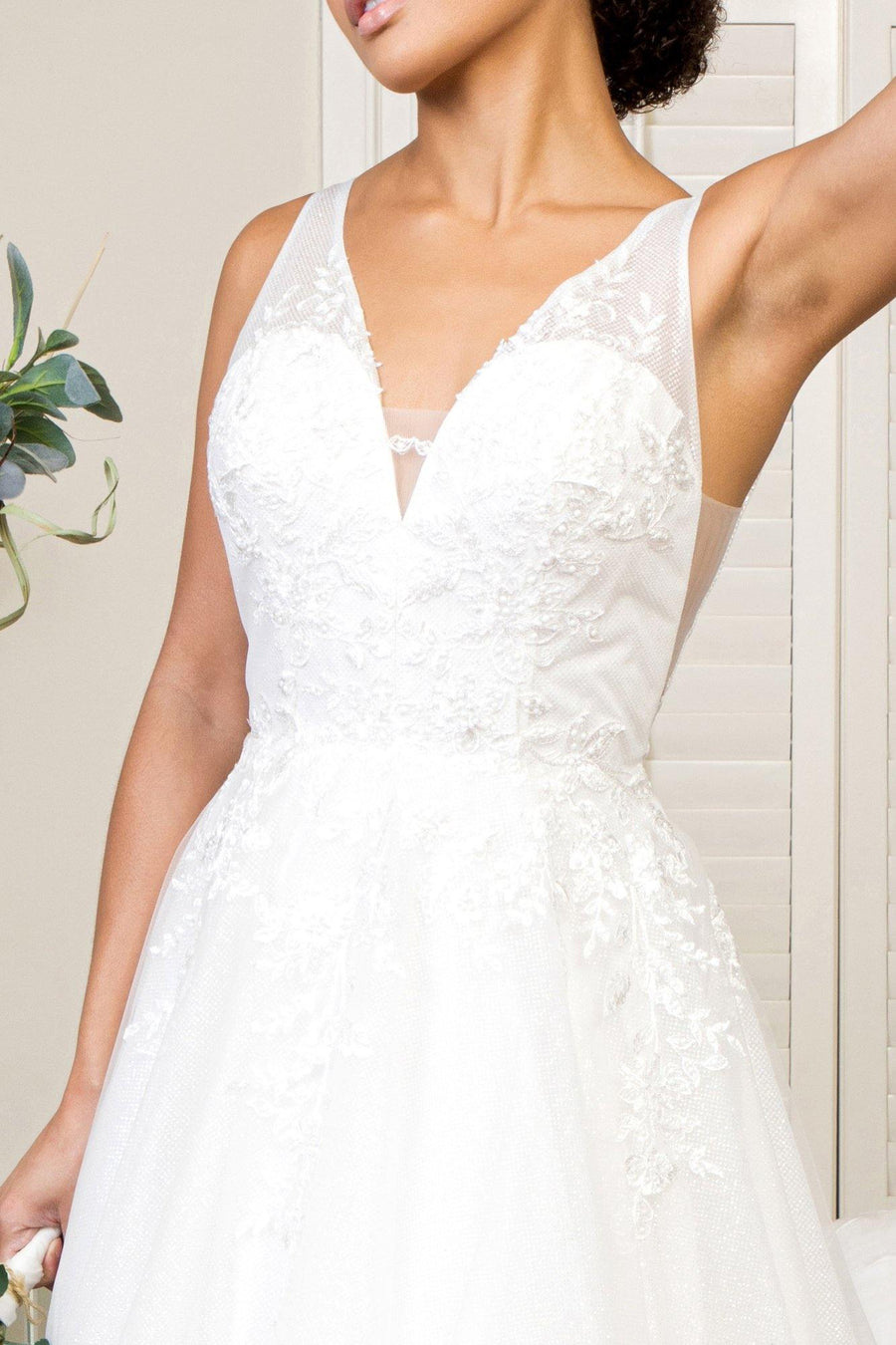 Long Floral Glitter Mesh Wedding Gown - The Dress Outlet