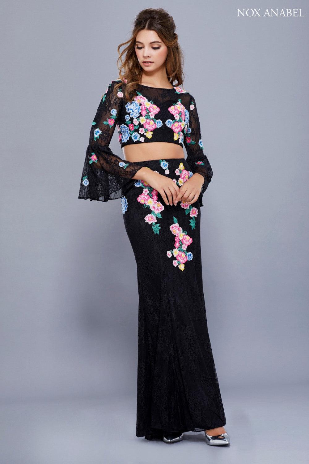 Black Long Floral Two Piece Bell Sleeve Prom Dress Evening Gown for $94.99  – The Dress Outlet