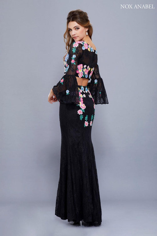 Long Floral Two Piece Bell Sleeve Prom Dress Evening Gown The Dress Outlet 