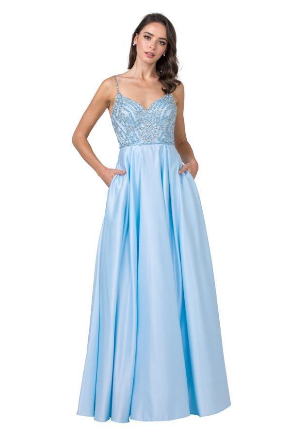 Long Formal Beaded Spaghetti Strap Prom Ball Gown - The Dress Outlet