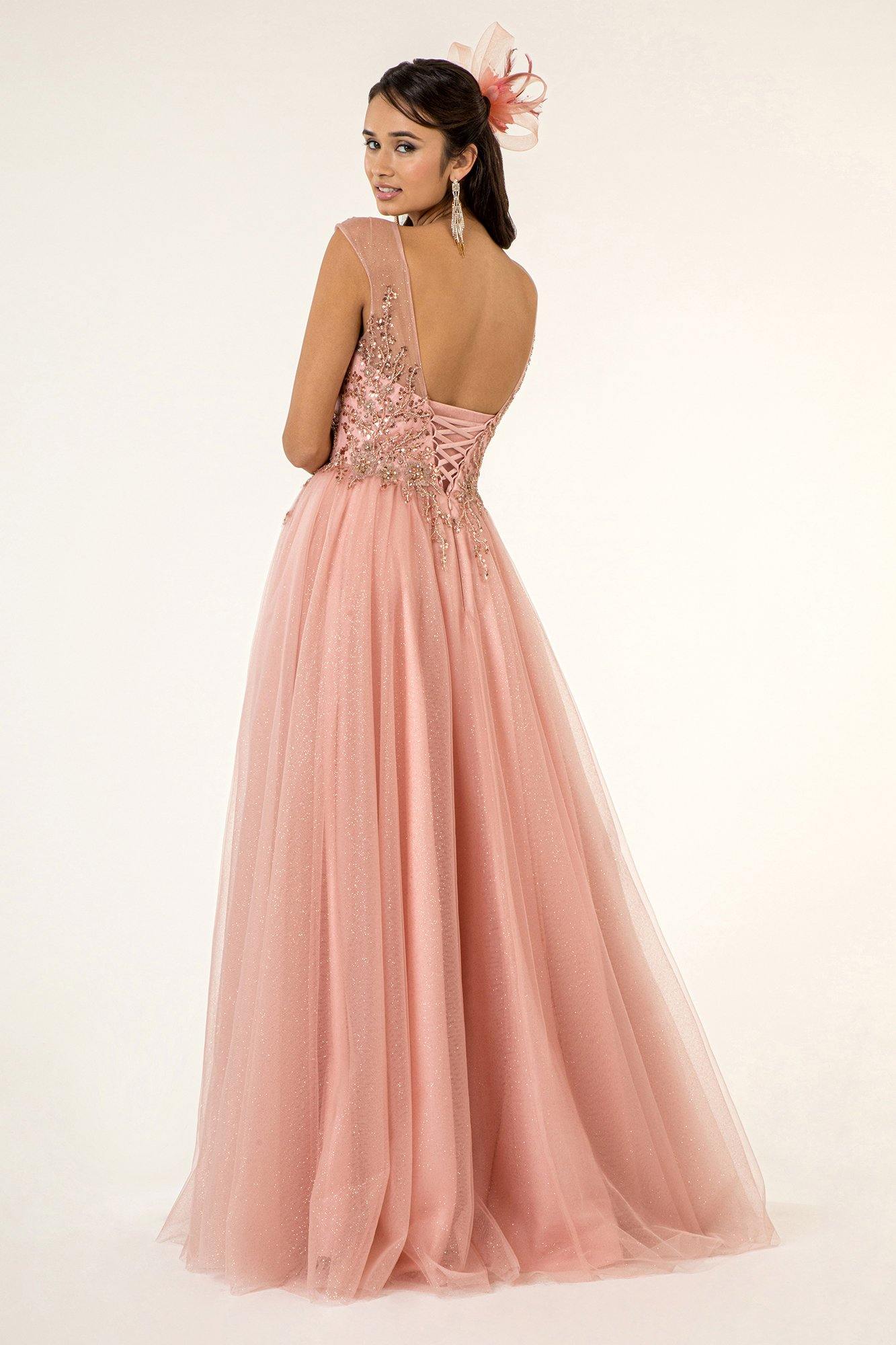 Long Formal Cap Sleeve Beaded A Line Prom Dress - The Dress Outlet