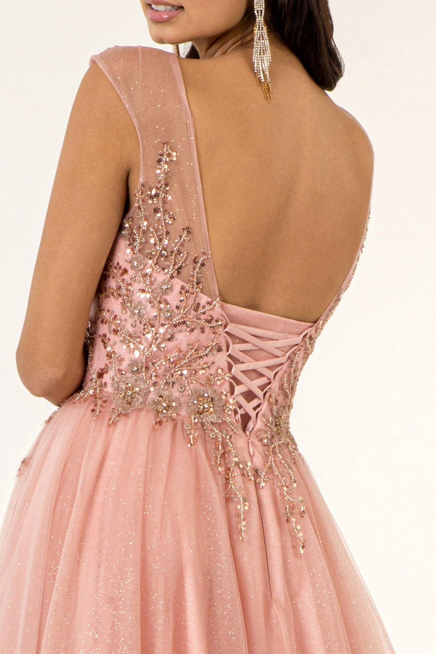 Long Formal Cap Sleeve Beaded A Line Prom Dress - The Dress Outlet