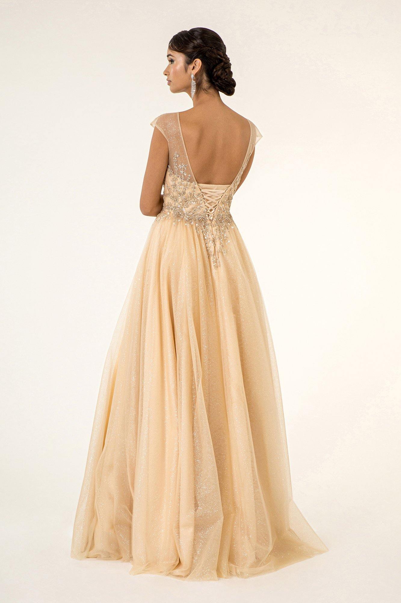 Long Formal Cap Sleeve Beaded A Line Prom Dress - The Dress Outlet