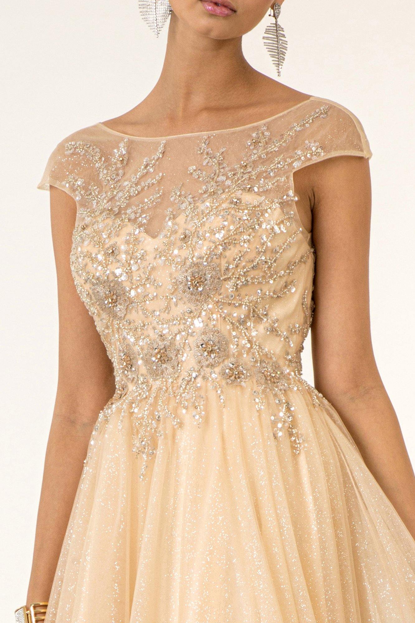 Long Formal Cap Sleeve Beaded A Line Prom Dress - The Dress Outlet