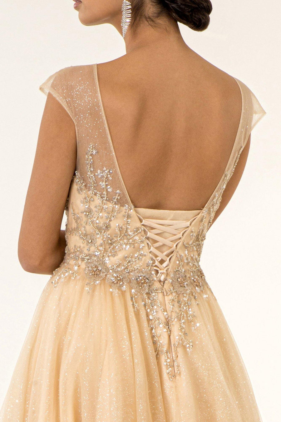 Long Formal Cap Sleeve Beaded A Line Prom Dress - The Dress Outlet