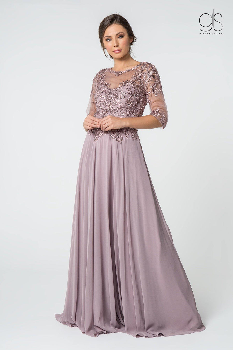 Long Formal Embroidered Mother of the Bride Chiffon Gown - The Dress Outlet Elizabeth K