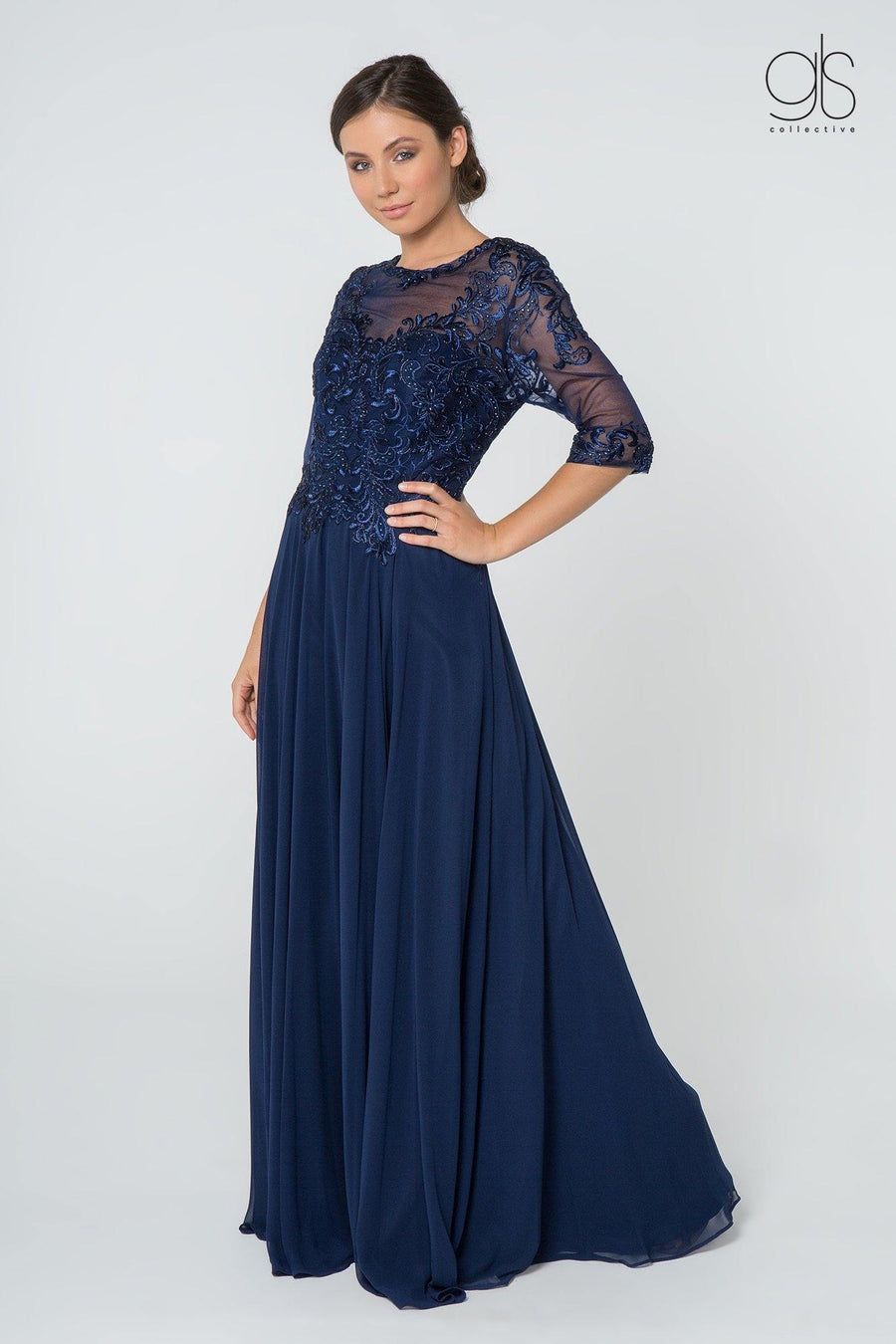 Long Formal Embroidered Mother of the Bride Chiffon Gown - The Dress Outlet Elizabeth K