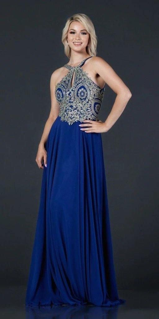 Long Formal Halter Chiffon Evening Prom Dress - The Dress Outlet