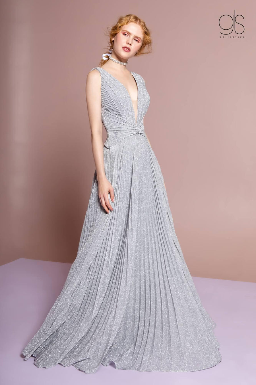 Long Formal Metallic Pleaded Prom Dress - The Dress Outlet Elizabeth K