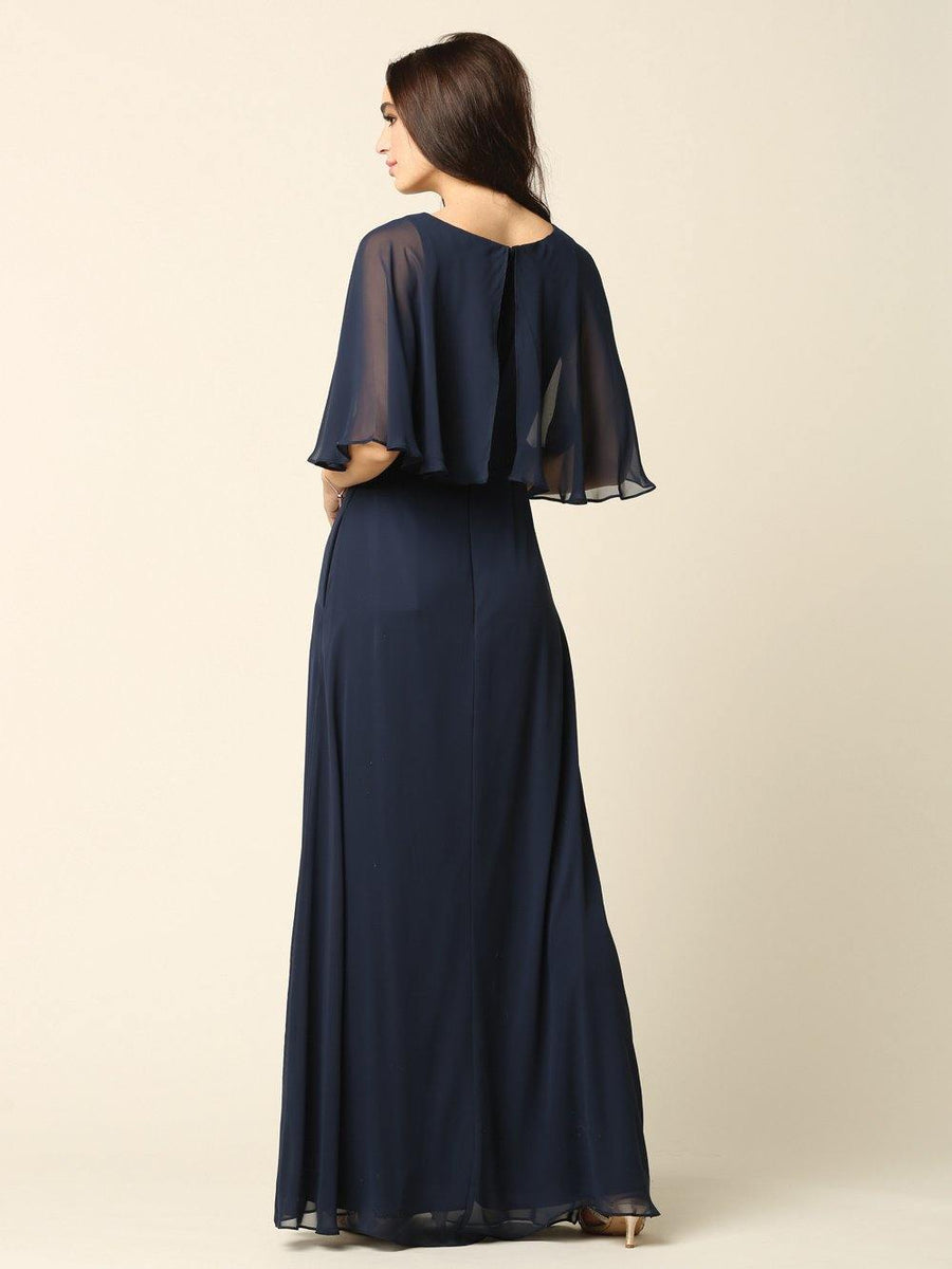 Long Formal Mother of the Bride Cape Chiffon Dress - The Dress Outlet Eva Fashion