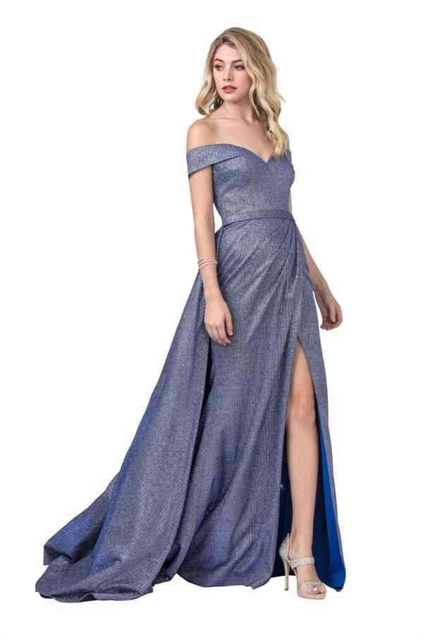 Long Formal Off Shoulder Glitter Knit Prom Dress - The Dress Outlet