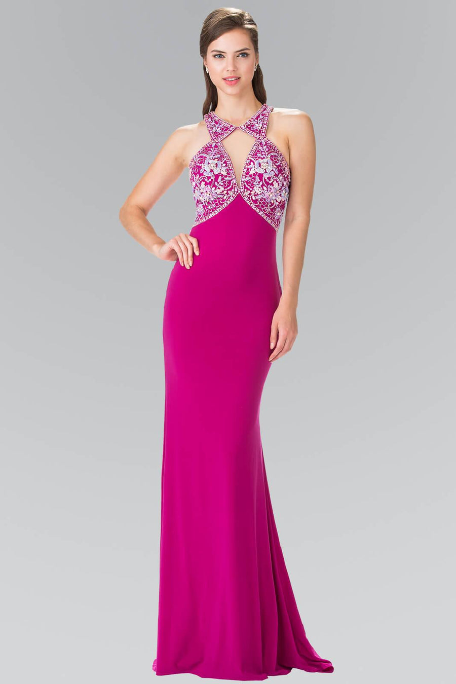 Long Formal Prom Beaded Halter Dress Evening Gown - The Dress Outlet Elizabeth K