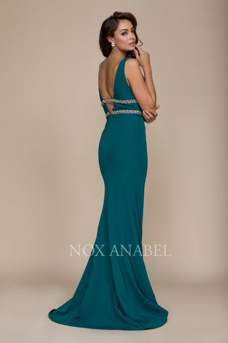 Long Fitted Prom Dress Deep V Neck Mermaid Gown - The Dress Outlet Nox Anabel