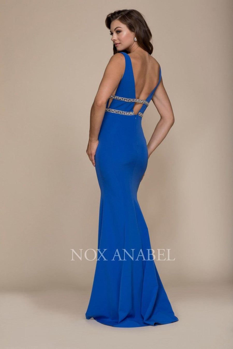 Long Fitted Prom Dress Deep V Neck Mermaid Gown - The Dress Outlet Nox Anabel