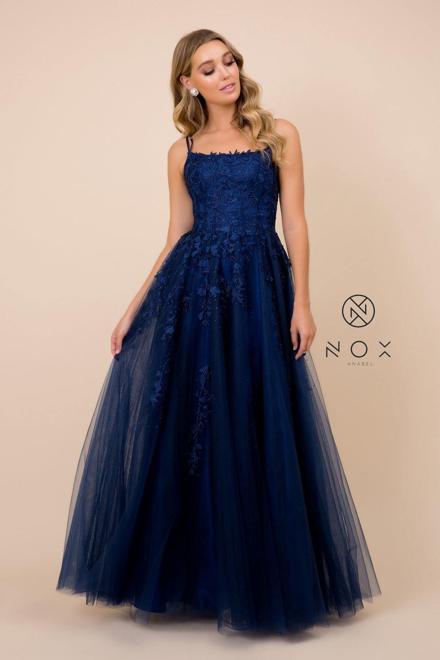 Long Formal Prom Floral Applique Evening Dress - The Dress Outlet Nox Anabel