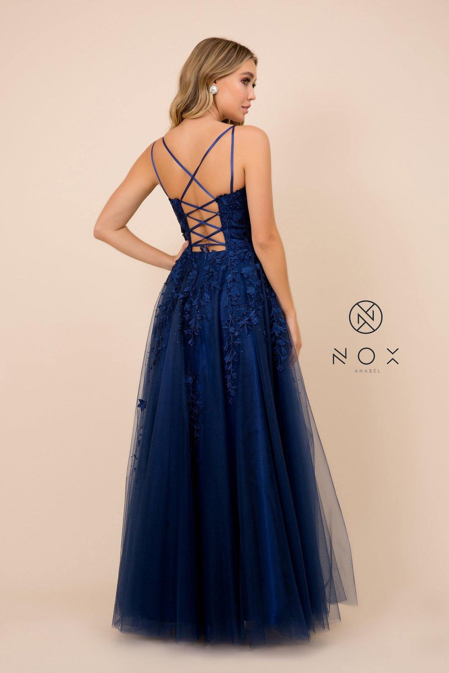 Long Formal Prom Floral Applique Evening Dress - The Dress Outlet Nox Anabel