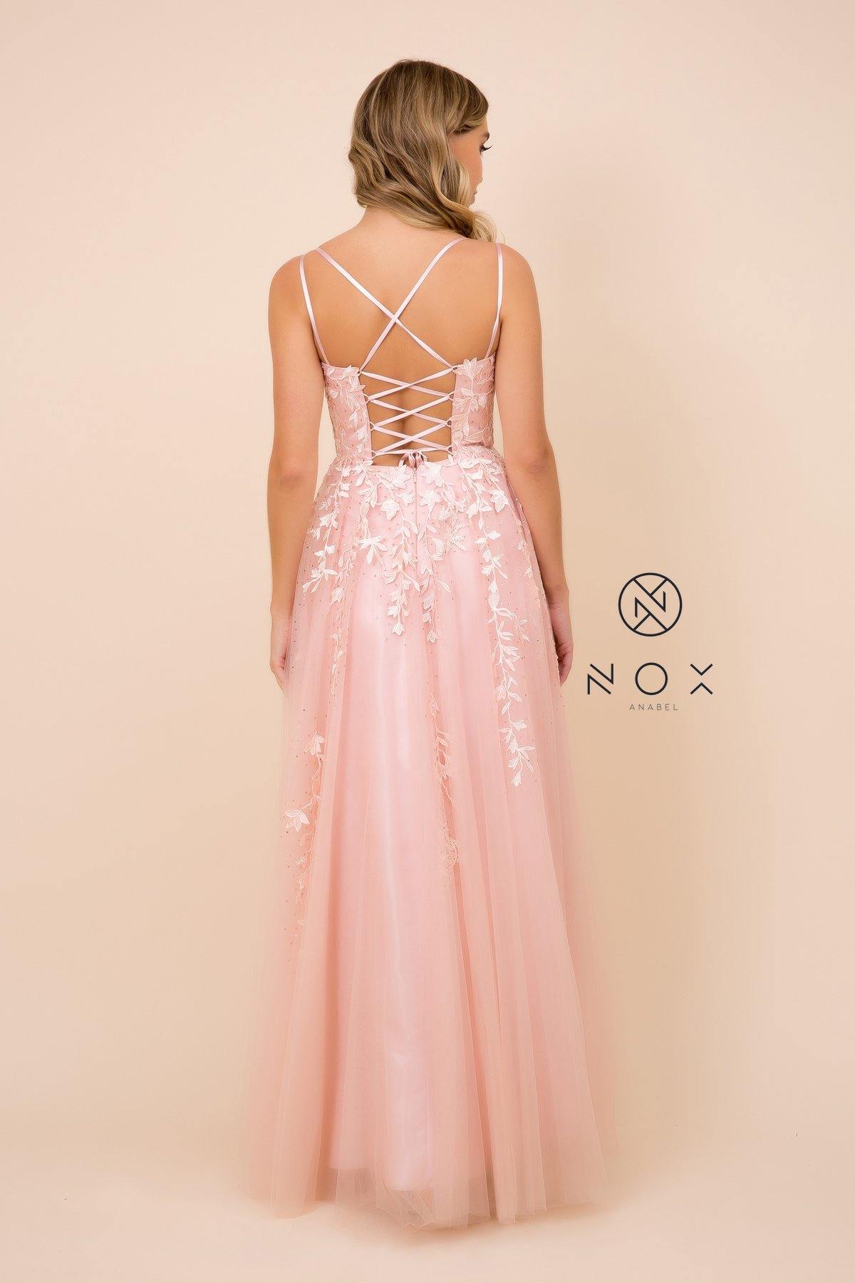 Long Formal Prom Floral Applique Evening Dress - The Dress Outlet Nox Anabel