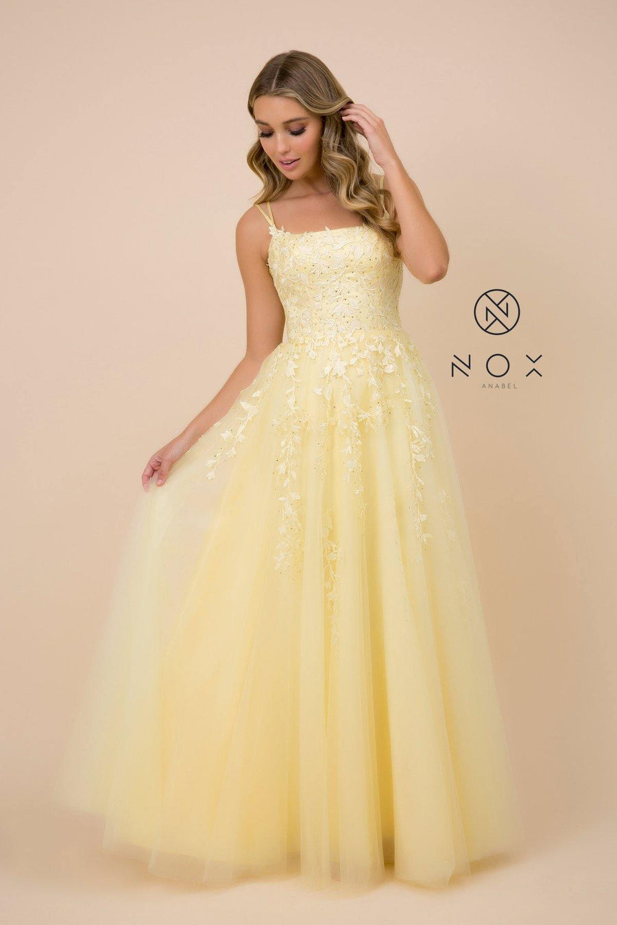 Long Formal Prom Floral Applique Evening Dress - The Dress Outlet Nox Anabel