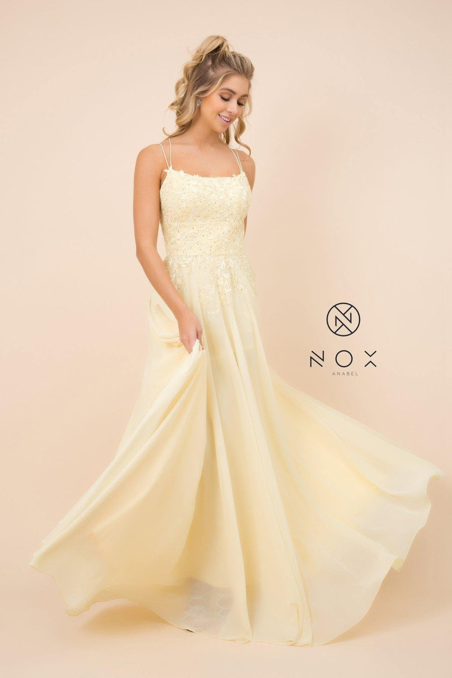 Long Formal Spaghetti Strap Chiffon Prom Dress - The Dress Outlet Nox Anabel