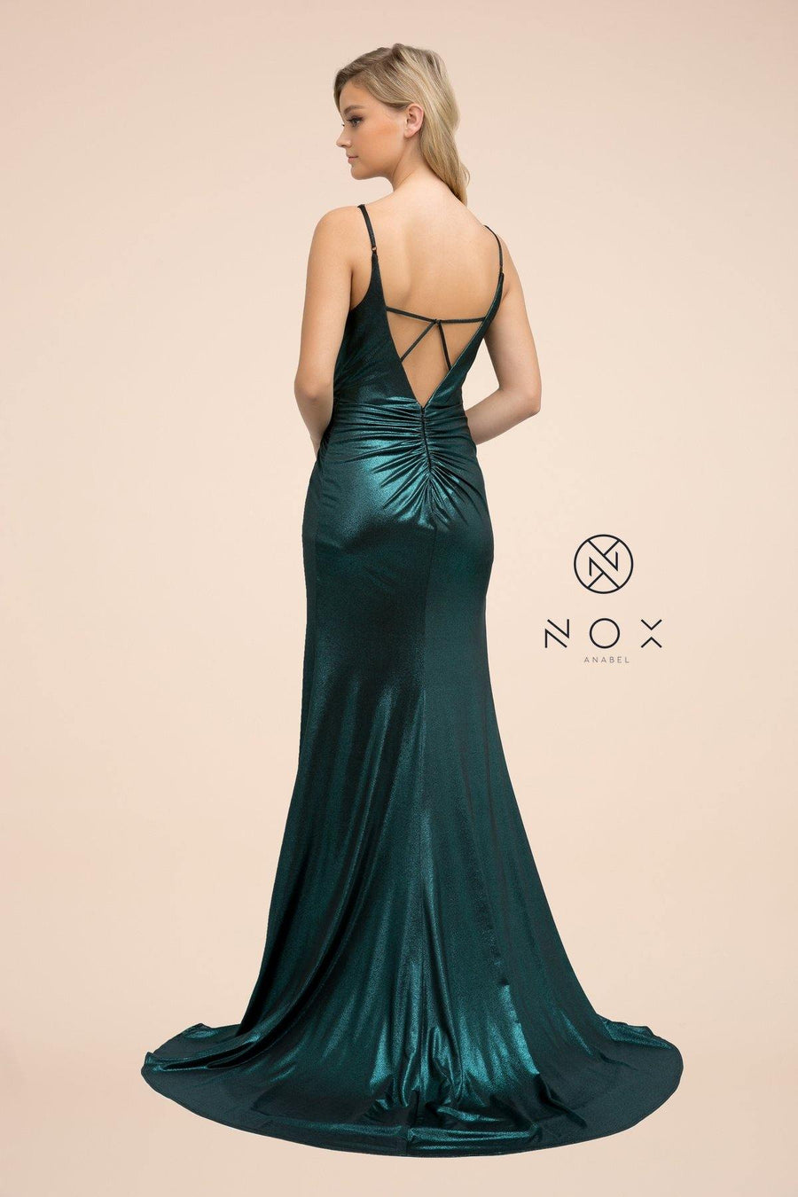 Long Formal Spaghetti Strap Fitted Metallic Dress - The Dress Outlet Nox Anabel