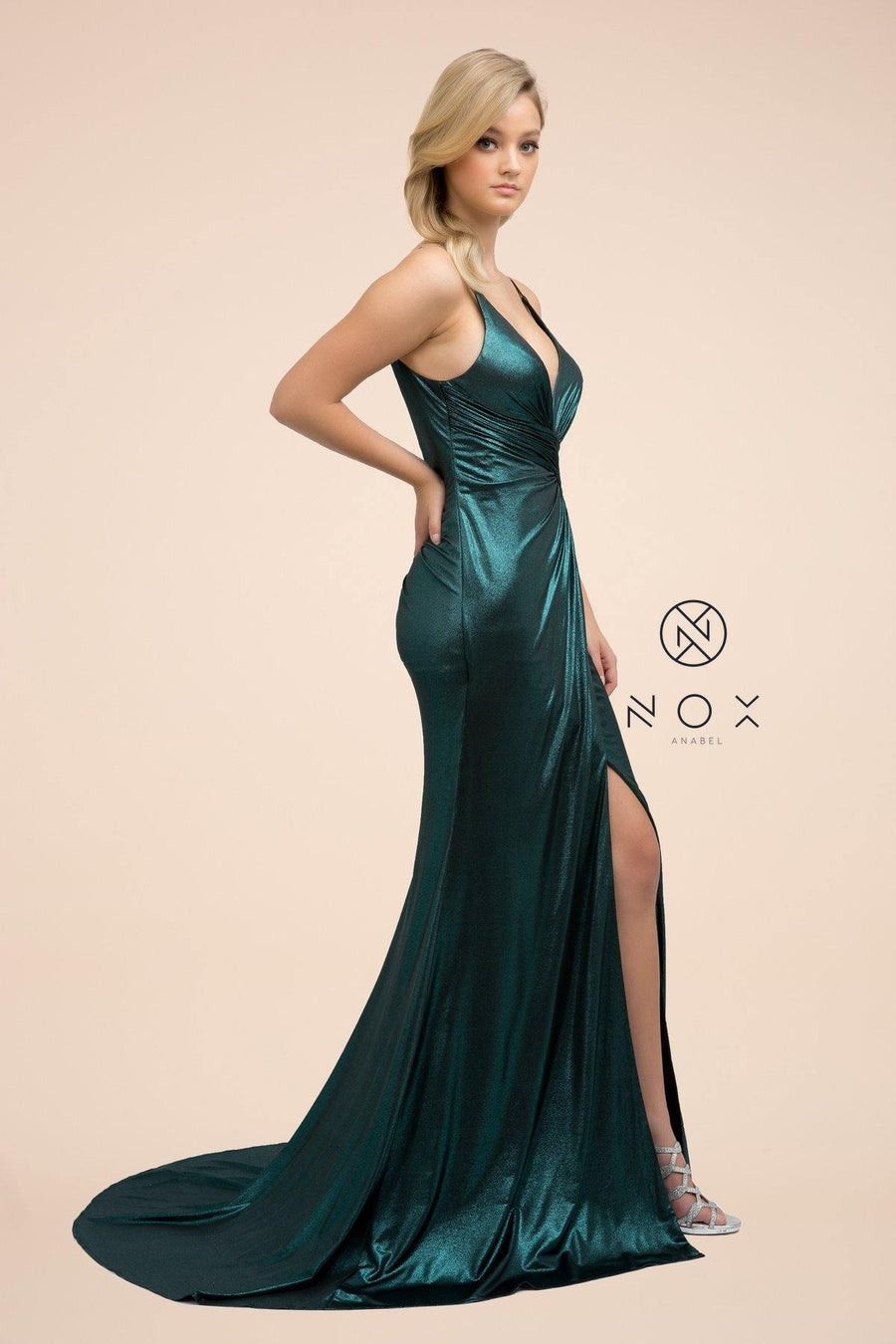 Long Formal Spaghetti Strap Fitted Metallic Dress - The Dress Outlet Nox Anabel