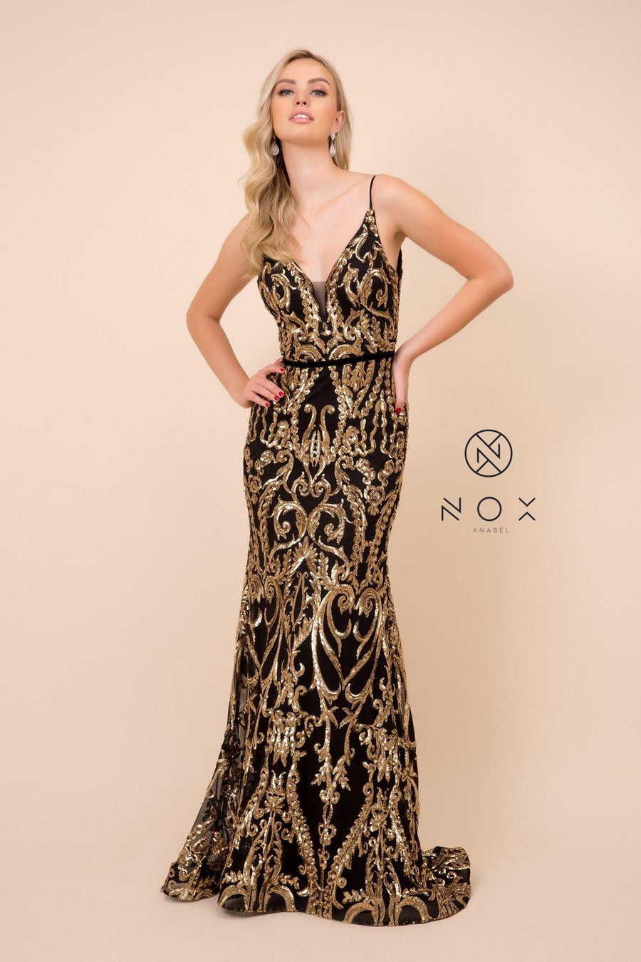 Long Formal Spaghetti Strap Sequin Print Prom Dress - The Dress Outlet Nox Anabel