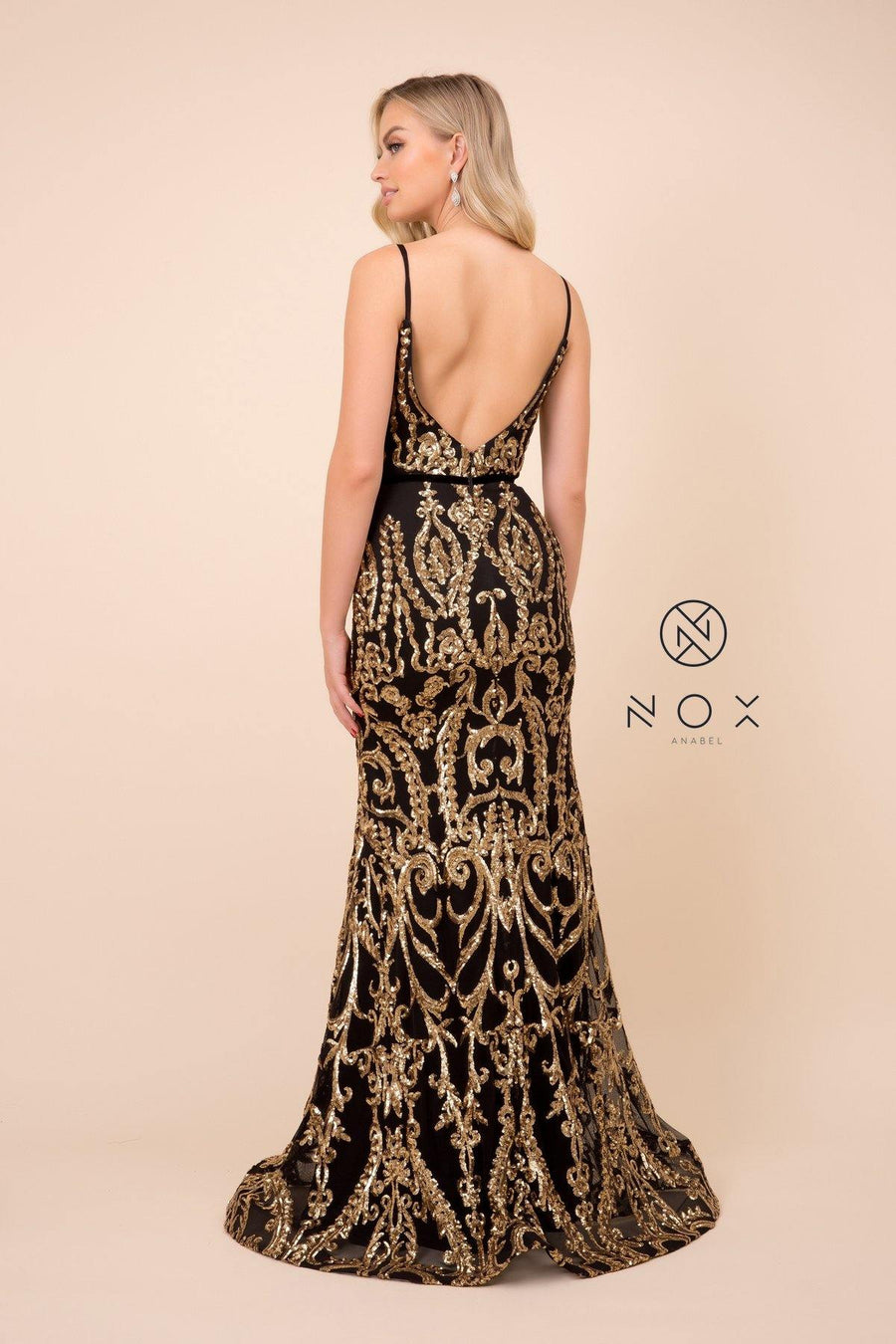 Long Formal Spaghetti Strap Sequin Print Prom Dress - The Dress Outlet Nox Anabel