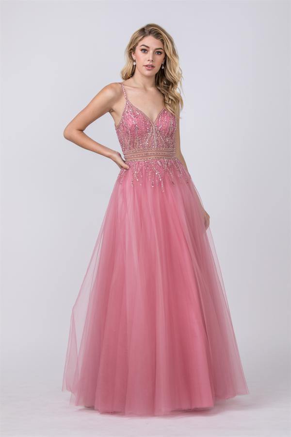 Long Formal Spaghetti Straps Beaded Prom Ball Gown - The Dress Outlet