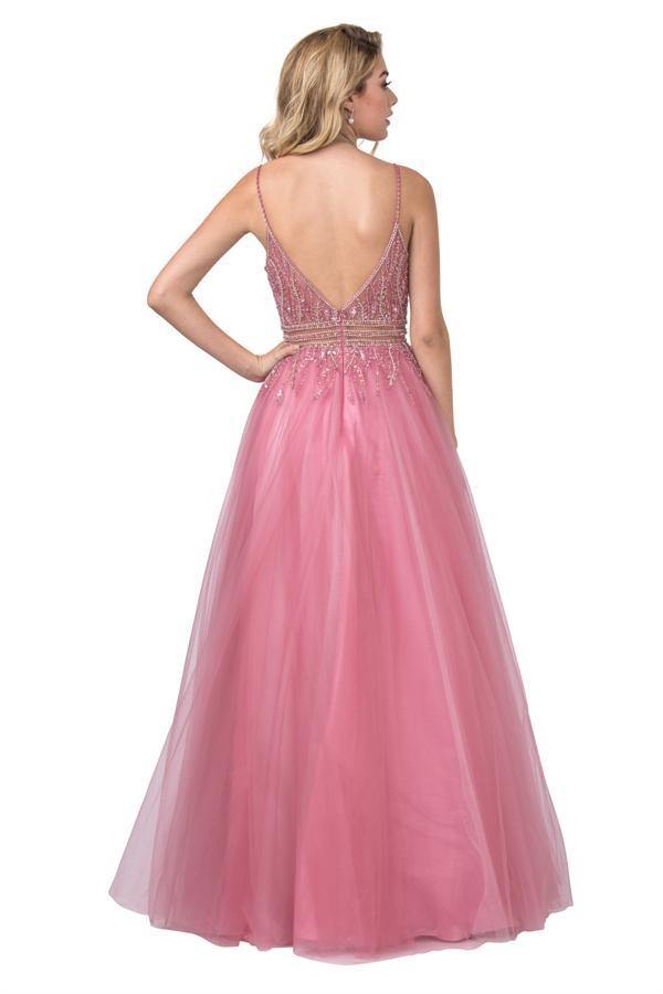 Long Formal Spaghetti Straps Beaded Prom Ball Gown - The Dress Outlet