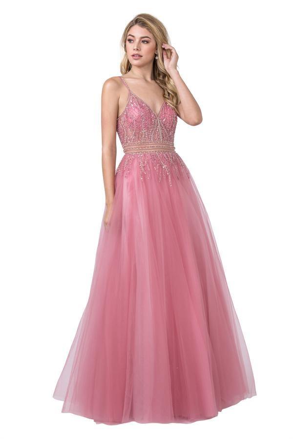 Long Formal Spaghetti Straps Beaded Prom Ball Gown - The Dress Outlet