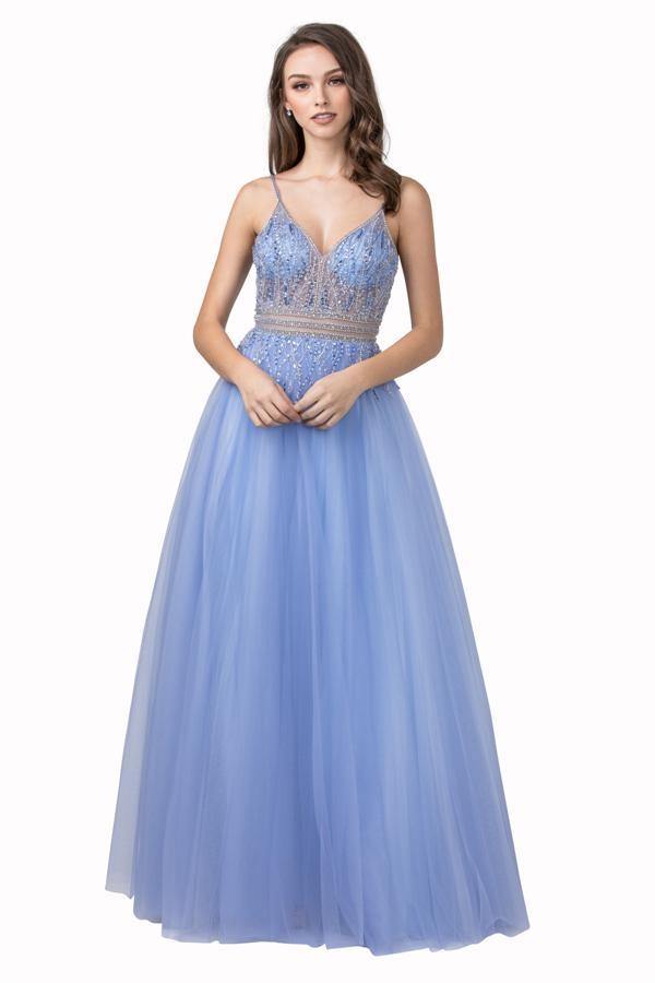 Long Formal Spaghetti Straps Beaded Prom Ball Gown - The Dress Outlet