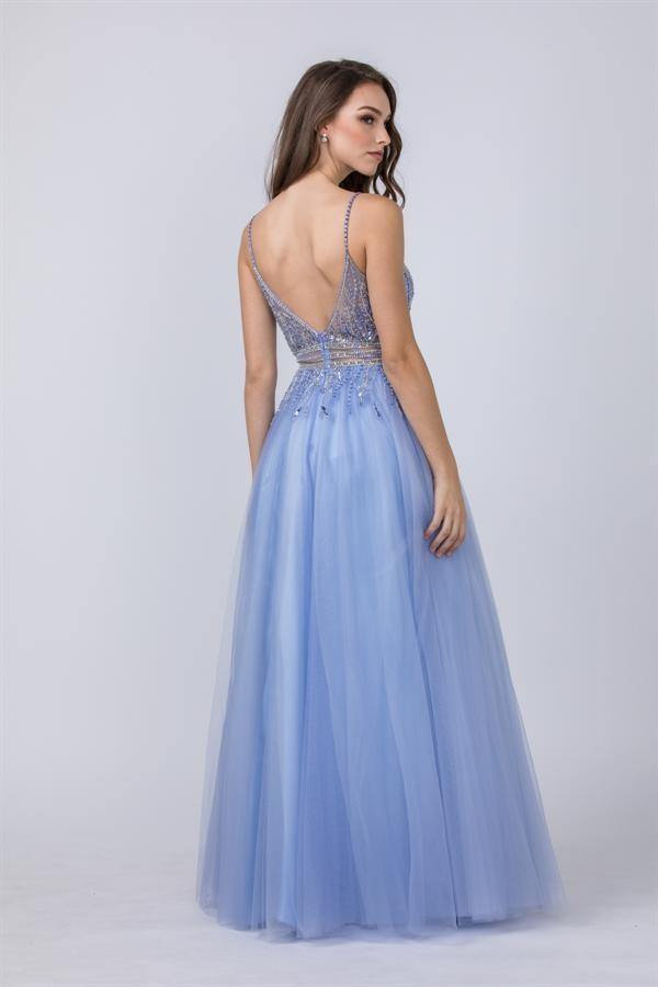 Long Formal Spaghetti Straps Beaded Prom Ball Gown - The Dress Outlet