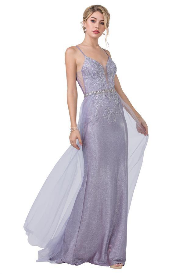 Long Formal Spaghetti Straps Glitter Knit Prom Gown - The Dress Outlet