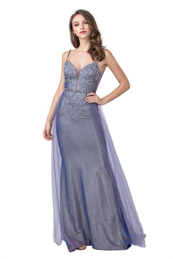 Long Formal Spaghetti Straps Glitter Knit Prom Gown - The Dress Outlet