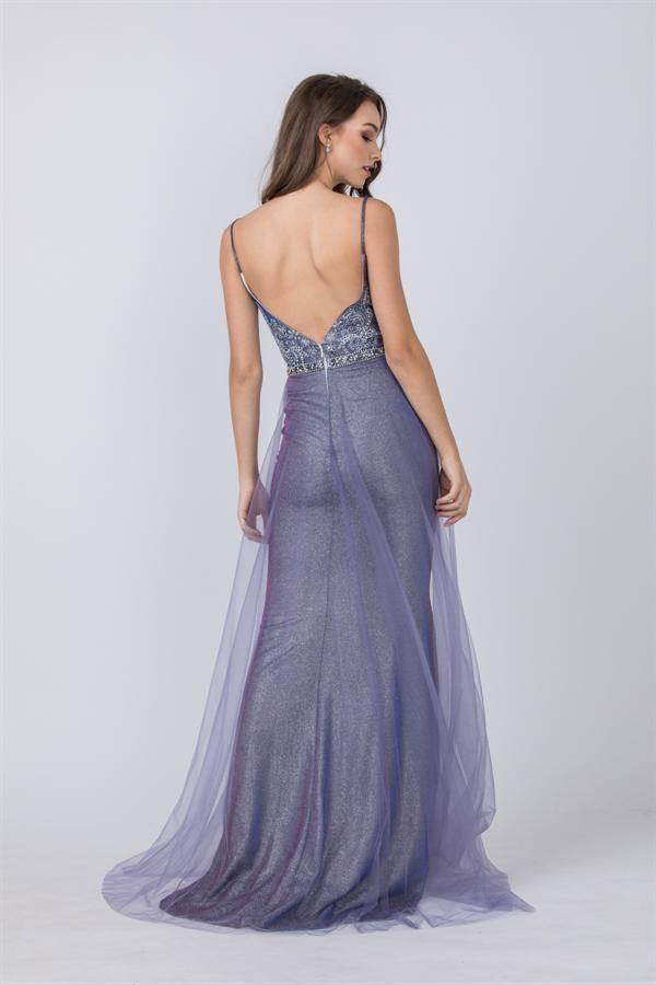 Long Formal Spaghetti Straps Glitter Knit Prom Gown - The Dress Outlet