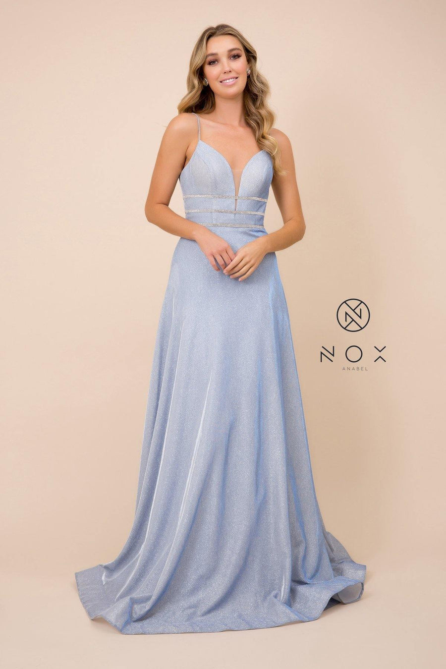 Long Glitter Dress With Beaded Waistband - The Dress Outlet Nox Anabel